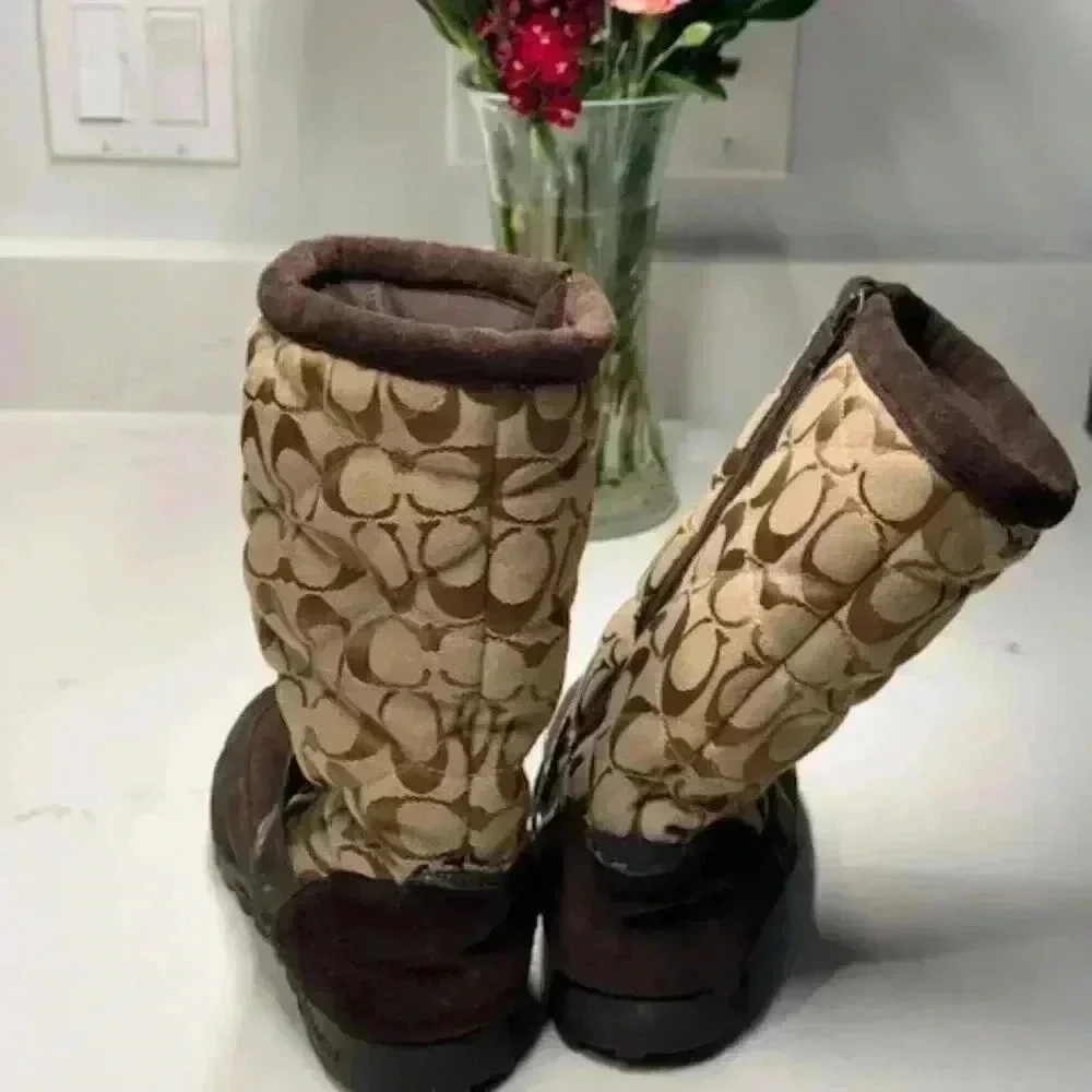 Coach Juniper Brown Suede Signature Jacquard Winter Boots Women's Size 8B